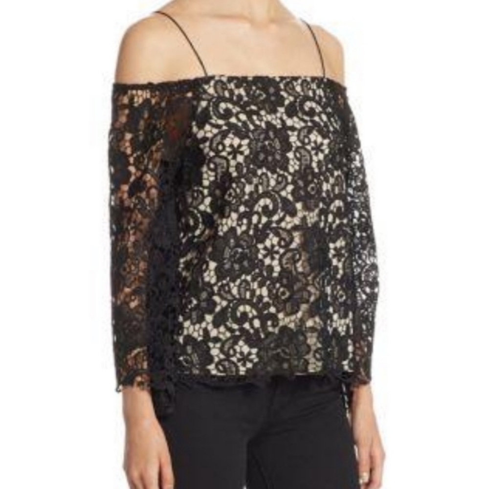 Alice+Olivia Prena Silk Blend Lace Trumpet Sleeve Top Black Size Small NWOT - Picture 5 of 15